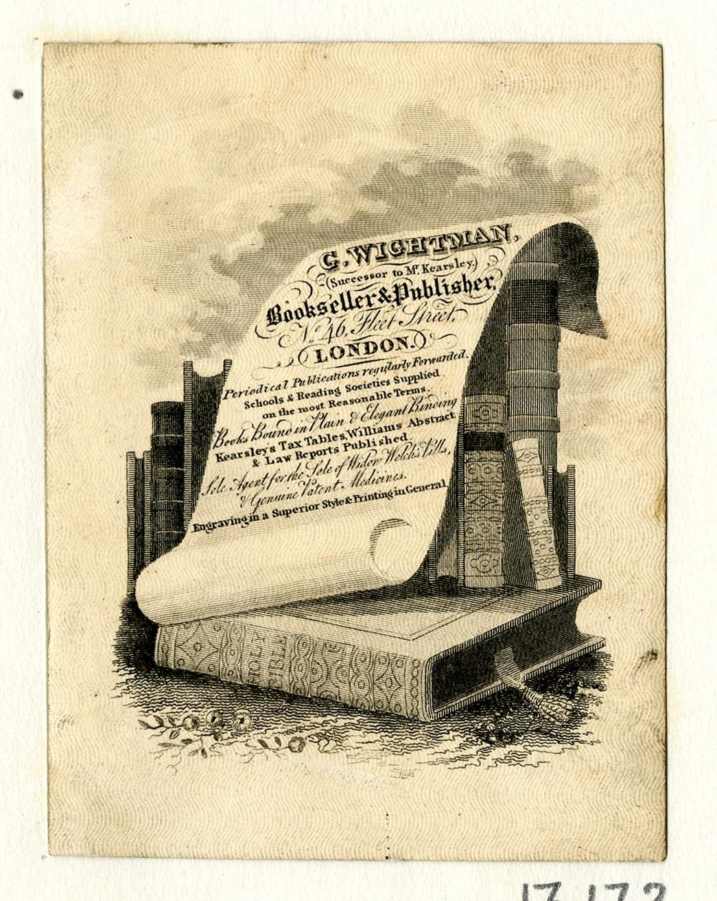 Altes Buch mit einer Schriftrolle oben drauf, umgeben von Büchern und einem Textdokument, mit "Buchhändler"-Text unten.