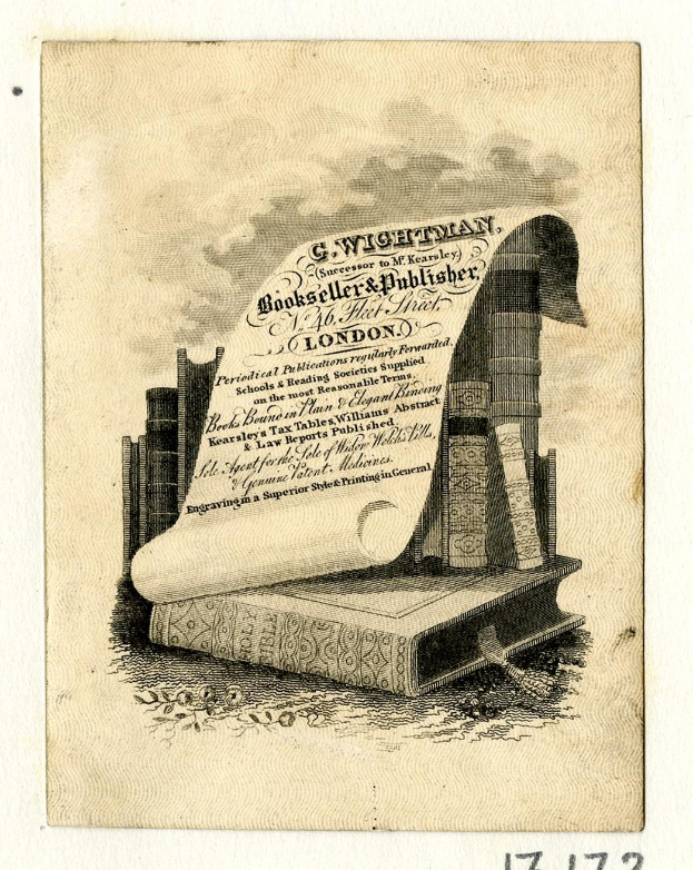 Altes Buch mit einer Schriftrolle oben drauf, umgeben von Büchern und einem Textdokument, mit "Buchhändler"-Text unten.