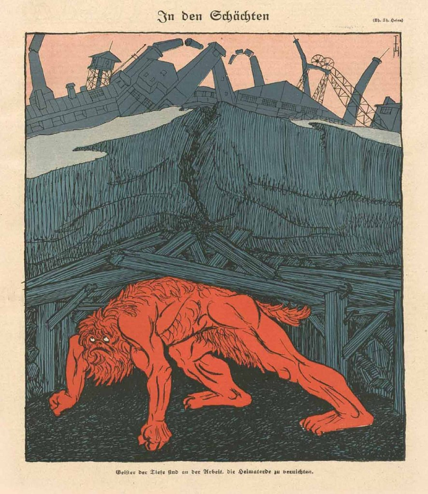 Illustration eines bedrohlichen Werwolfs in Kampfstellung vor einem rauchenden Fabrikgebäude mit einem Plakat des Ungeheuers im Vordergrund vor einem tiefblauen Himmel.