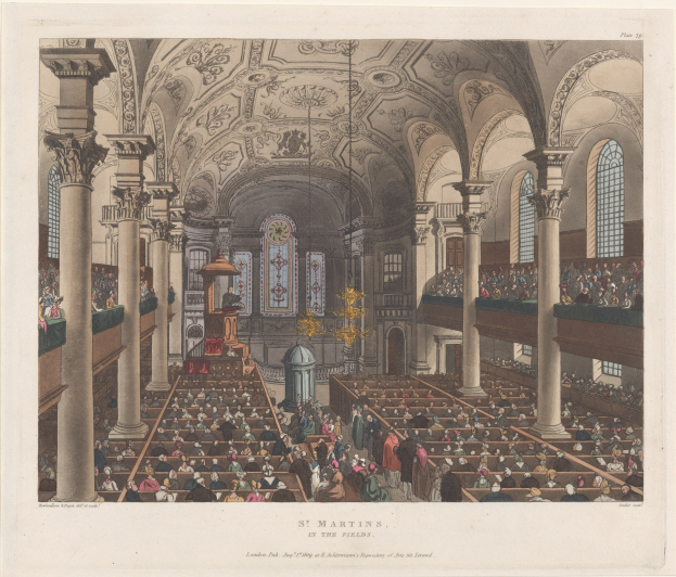 Stich von St. Martins Kirche in London, der Menschen auf Bänken und Stehende zeigt, umgeben von Säulen, Fenstern, einem Kronleuchter und einem Dach, begleitet von Text unten.
