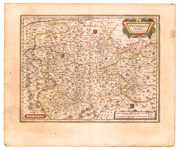 Ein altes Kartenblatt von Westfalen, Deutschland, mit den Provinzen des Königreichs England und Wales deutlich sichtbar, gedruckt auf Papier mit detaillierten Texten über die Region.