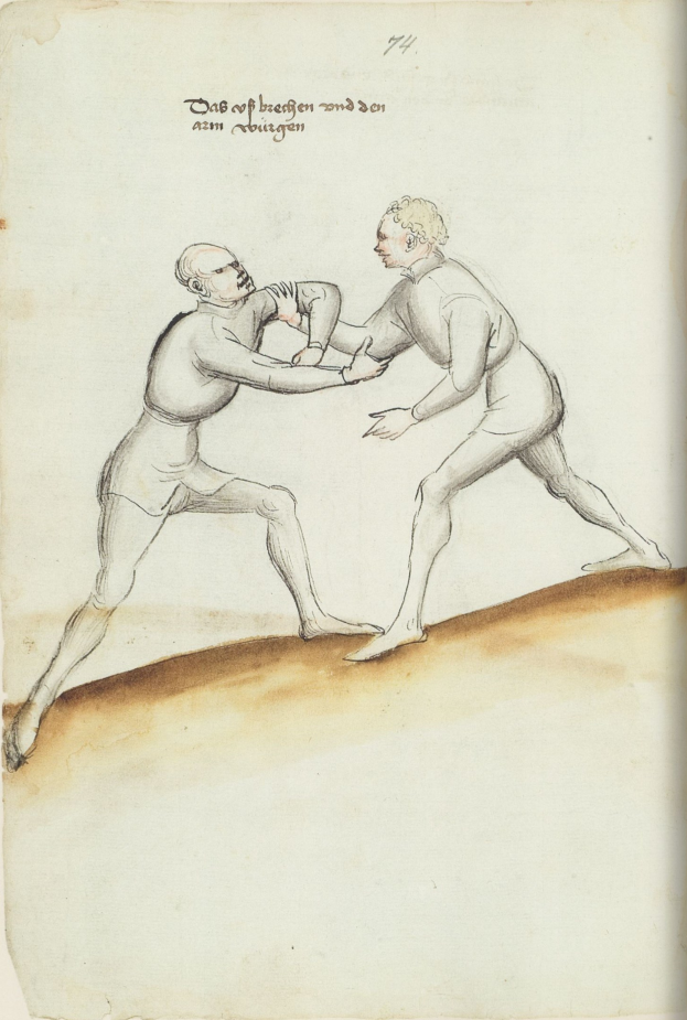 Zwei Männer in einer körperlichen Auseinandersetzung, einer wirft einen Schlag, steht auf einem Blatt mit Text, der die Szene beschreibt.