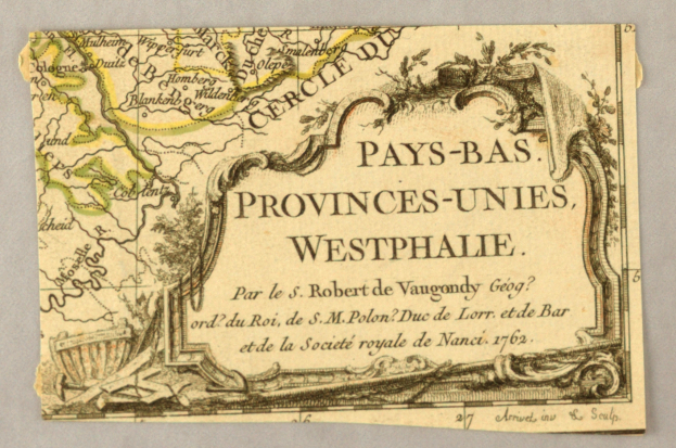 Ein detailliertes altes Papierkarte von Westfalen, das geografische Merkmale wie Flüsse, Berge und Städte zeigt, mit begleitendem Text, der zusätzliche Informationen über die Region und ihre Bewohner liefert.
