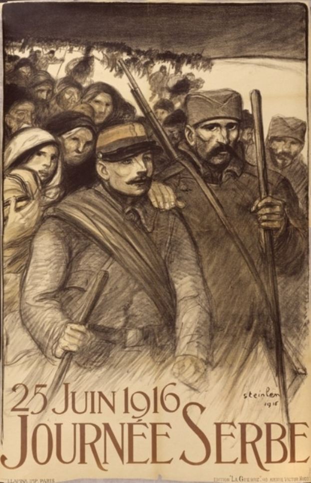 Plakat für die 1916er Journée Serbe mit einer Gruppe von Menschen mit Waffen und Text mit Veranstaltungseinzelheiten.