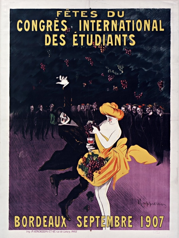 Plakat aus dem Jahr 1907, das ein Weinprobe-Event in Bordeaux, Frankreich ankündigt, mit einer Frau in einem gelben Kleid, die ein Weinglas hält und von einer Gruppe Menschen umgeben ist.