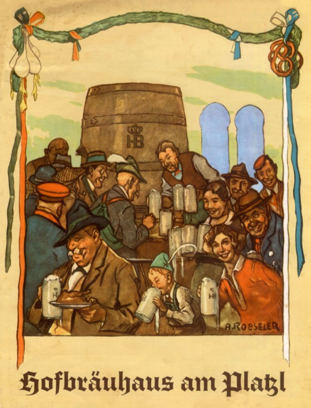 Ein Plakat, das ein Bierfest in Deutschland ankündigt und eine Gruppe von Menschen zeigt, von denen einige Biergläser halten, mit einem Fass im Hintergrund und deutschem Text unten.