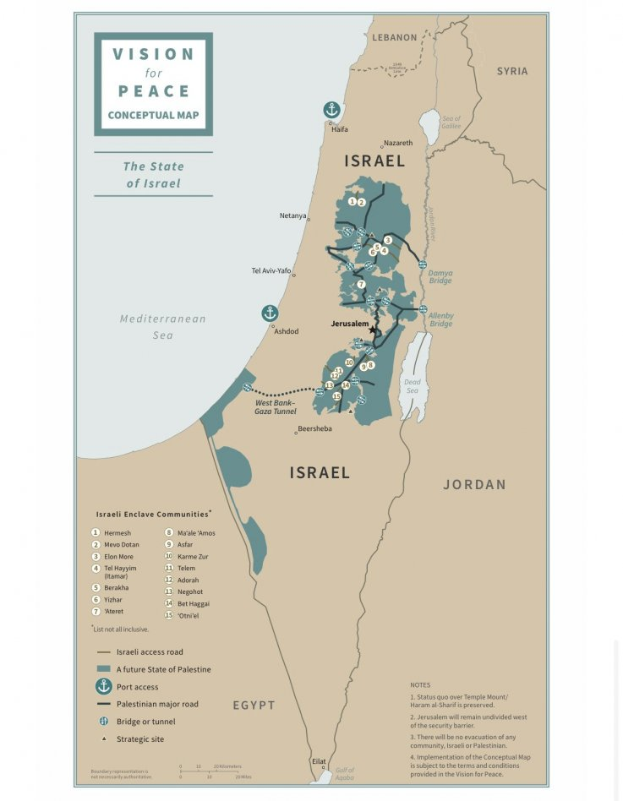 Eine Karte von Israel mit den Worten "Vision für Frieden Konzeptkarte" oben, in verschiedenen Blautönen, Grüntönen und Gelbtönen gefärbt.