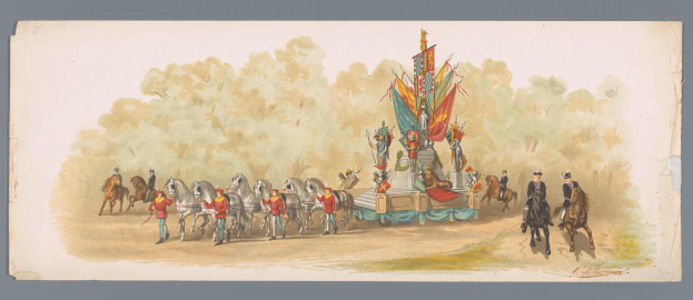 Ein Gemälde eines Karnevalsumzugs mit Menschen in bunten Kostümen auf Pferden vor einem geschmückten Festwagen unter einem klaren blauen Himmel mit Bäumen im Hintergrund.