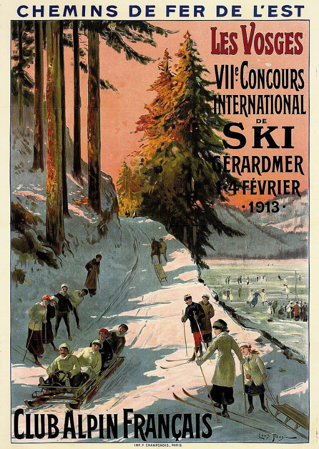 Eine Gruppe von Menschen, die eine schneebedeckte Piste in den französischen Alpen hinunterskifahren, mit Bäumen im Hintergrund und Text, der Informationen über ein Skigebiet bereitstellt.