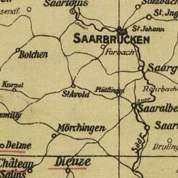 Alte detaillierte Karte von Saarbrücken, Deutschland, mit klassischer Typografie, die Straßen, Gebäude und Sehenswürdigkeiten zeigt.