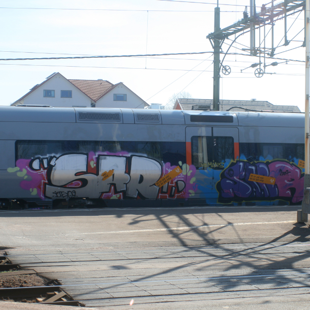 Graffiti-überzogener Zug mit sichtbaren Kabeln, Häuser mit Fenstern im Hintergrund.