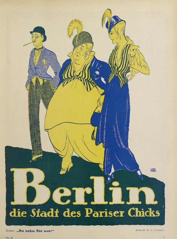 Plakat für ein Konzert in Berlin, Deutschland, das eine Gruppe von Menschen in bunter Kleidung vor einem Gebäude mit der Aufschrift "Berlin - Die Stadt des Pariser Chicks" zeigt.