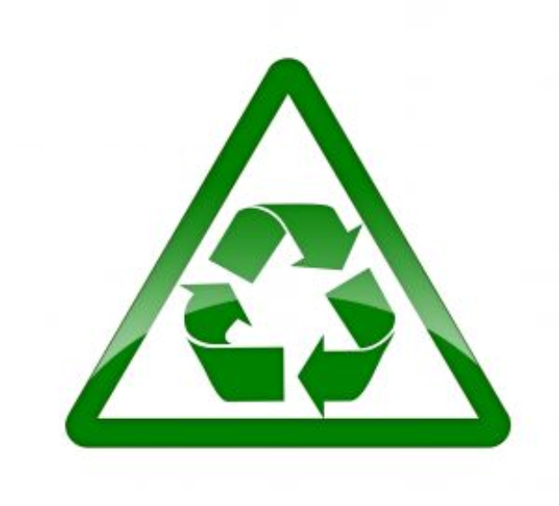 Ein grüner Dreieck mit weißem Hintergrund und einem grünen Recycling-Symbol in der Mitte.
