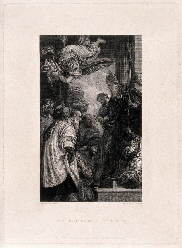 Eine Schwarzweiß-Radierung zeigt eine Gruppe von Menschen vor einem Gebäude, einer Person mit einem Stock in der Hand und der Inschrift "Die Weihe des heiligen Nikolaus" am unteren Rand.
