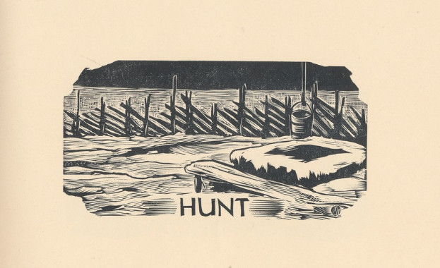 Eine Schwarz-Weiß-Zeichnung eines Bootes im Wasser mit einem hölzernen Zaun und einem Eimer und dem Wort 'jagen' darunter.