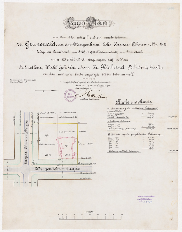 Detaillierter alter Stadtplan-Dokument, der ein großes Parkplatzlayout in Berlin zeigt, einschließlich Text und einem Stempel.