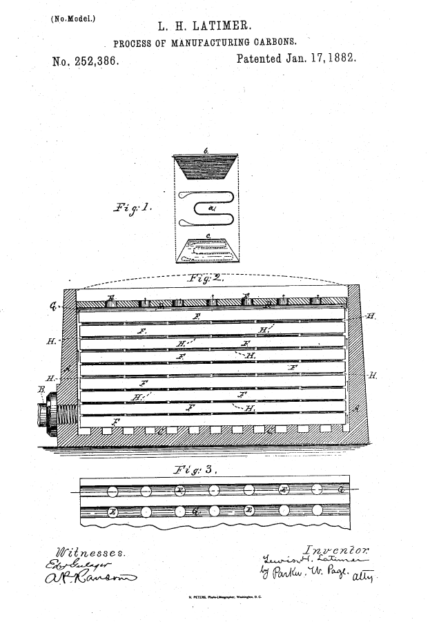 Eine Patentzeichnung einer Maschine mit dem Text "Patent No. 252,386 - Verfahren zur Herstellung von Kohlenstoffen" auf einem weißen Hintergrund.