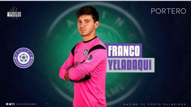 Eine Person in einem pinken T-Shirt mit dem Logo von Racing FC Porto Palmeiras und der Aufschrift 'Franco Yeladaqui'.