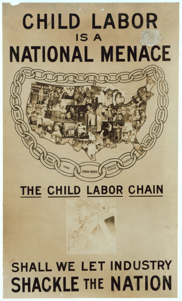 Ein Plakat mit fettem schwarzem Text auf weißem Hintergrund zeigt "Kindera(r)beit ist eine nationale Gefahr - Sollen wir die Industrie das Land fesseln lassen", mit einer Gruppe von Menschen verschiedenen Alters, Geschlechts und Ethnien, die gemeinsam stehen.