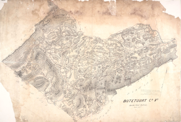 Ein detaillierter alter Stadtplan von Botetourt, der Straßen, Gebäude und Sehenswürdigkeiten zeigt, mit begleitendem Text über die Bevölkerung, Straßen und Sehenswürdigkeiten der Stadt.
