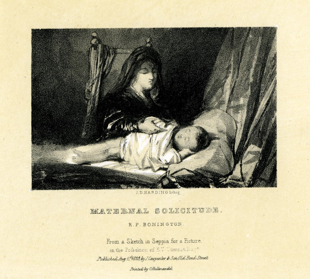 Eine Frau in einem weißen Kleid sitzt auf einem Bett und hält ein Baby nah an ihrer Brust, während beide einander friedlich anschauen; der Text "Maternal Solitude by R.P. Bonington" erscheint unten.