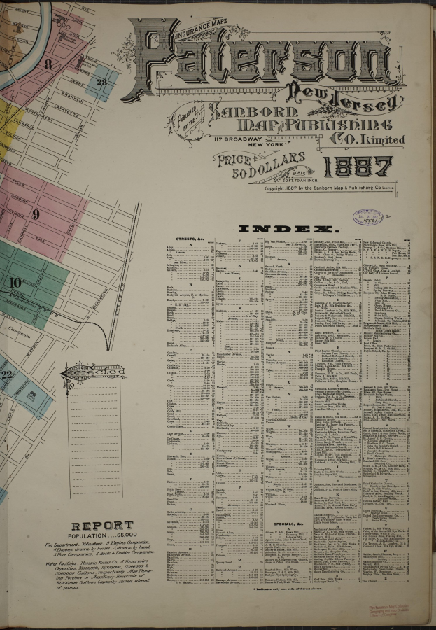 Ein altes Buch mit einer detaillierten Stadtkarte darauf, das auf einer Oberfläche liegt, mit Text, der Informationen über die Gebäude, Straßen und Sehenswürdigkeiten der Stadt enthält.
