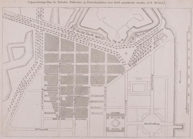 Alte Karte von Amsterdam, Niederlande, mit Planungen für Nybolder, Toldbolder und Frederikkepladen sowie begleitendem Text.