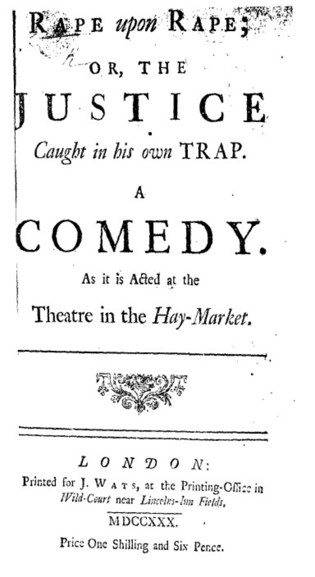 Schwarzes und weißes Plakat mit fetter schwarzer Schrift, die "Vergewaltigung auf Vergewaltigung oder die Gerechtigkeit, die in ihrer eigenen Falle gefangen ist" liest, wahrscheinlich eine Comedy-Show ankündigt.