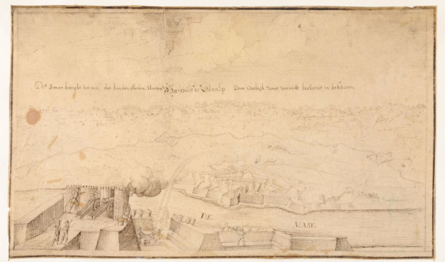Ein detailliertes Stadtansicht mit einer Burg im Hintergrund, auf einem Blatt Papier mit beschreibendem Text über die Belagerung von Düsseldorf.