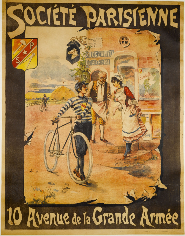 Plakatankündigung eines Fahrradrennens in Paris, Frankreich, mit einer Gruppe von Menschen, von denen einer ein Fahrrad hält und ein Gebäude im Hintergrund zu sehen ist, einschließlich Text über das Ereignis.
