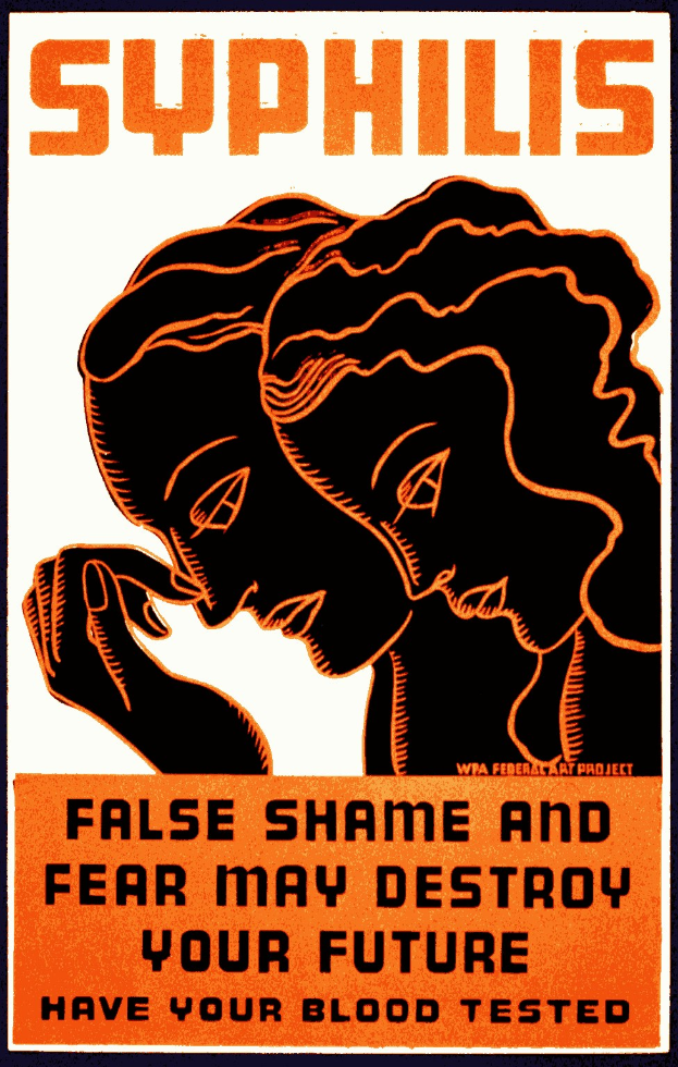 Plakat mit einer Frau in einem weißen Kleid mit entschlossener Miene, umgeben von Text, der zur Blutuntersuchung aufruft, um falsche Scham und Angst zu vermeiden, vor tiefblauem Hintergrund.