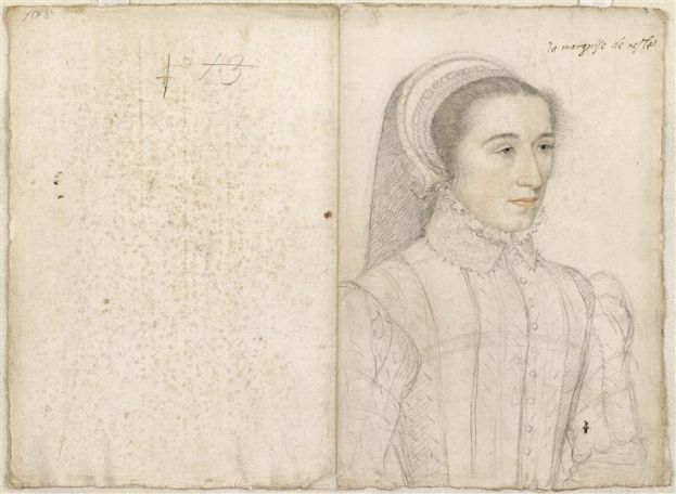 Ein aufgeschlagenes Buch mit einer detaillierten, lebensechten Zeichnung von Marguerite de Nantes, einer französischen Adligen, mit zurückgebundenem Haar und einem sanften Gesichtsausdruck, begleitet von kursiver Schrift.
