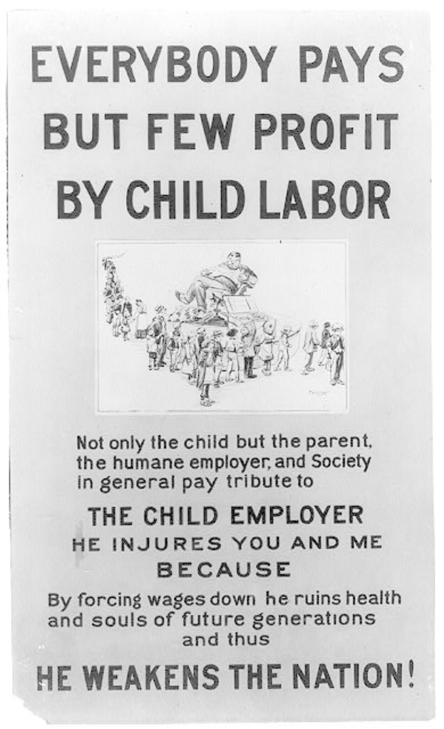 Schwarz-weißes Plakat mit einer Gruppe von Menschen mit dem Text "Jeder zahlt, aber wenige profitieren von Kinderarbeit", das gegen Kinderarbeit in den Vereinigten Staaten wirbt.