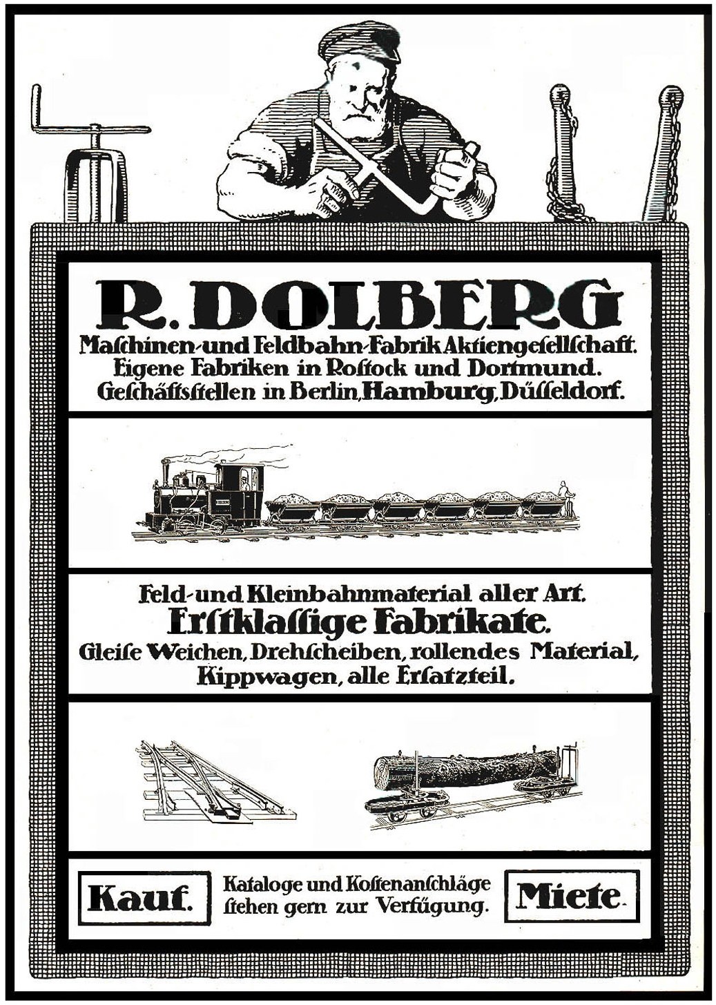 Werbeplakat für R.D. Dolbergs Fabrik in Hamburg, Deutschland, mit Text und Bildern, darunter eine Person, ein Zug und andere Gegenstände.