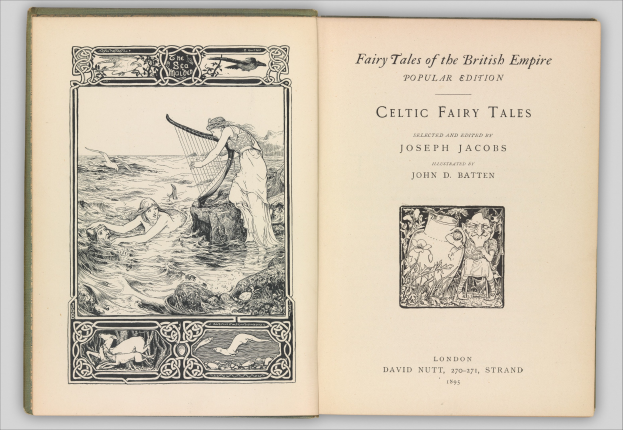 Offenes Buch mit einer Illustration eines keltischen Feenmärchens auf dem Cover auf einer flachen Oberfläche, das detaillierte, lebendige Kunst und sichtbaren Text auf der Seite zeigt.