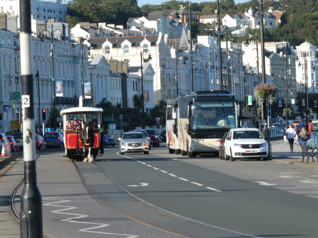 Volles Stadtleben mit hohen Gebäuden, Fahrzeugen, Passanten, Verkehrsampeln, Laternen, Straßenschildern, Bäumen und einem klaren blauen Himmel.