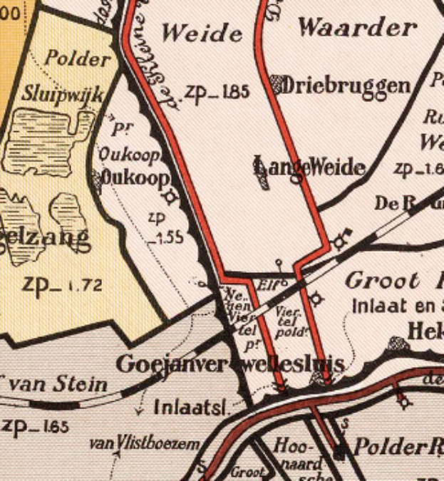 Ein altes Stadtplan von Weide, Niederlande, der Straßen, Gebäude, Sehenswürdigkeiten und eine Bahnroute mit Start- und Endpunkten, Entfernung und geschätzter Reisezeit zeigt.