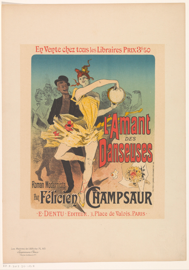 Ein Plakat, das eine Tanzshow in Paris ankündigt, zeigt einen Mann und eine Frau, die tanzen, wobei der Mann ein Musikinstrument hält und der Text wahrscheinlich die Veranstaltung ankündigt.