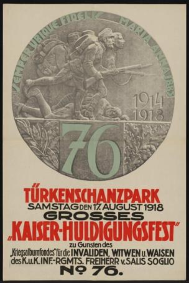 Plakat zum 70-jährigen Jubiläum des Kaiser-Huldigungsfestes in Berlin, Deutschland, mit einer Gruppe von Menschen in der Mitte, umgeben von Text und Zahlen in einem Fotorahmen.