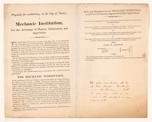 Ein aufgeschlagenes Buch mit dem Titel 'Mechanic Institution, for the Advantage of Masters, Journeymen, and Apprenticeships' auf dem Cover.