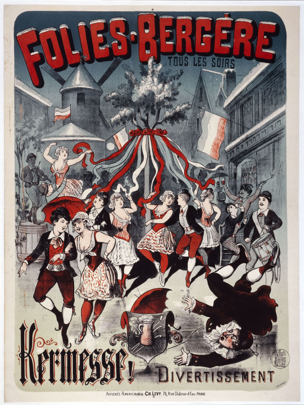 Plakat für das Folies-Bergère-Festival in Paris mit einer Gruppe tanzender Menschen vor Häusern, Fahnen und einem Baum im Hintergrund sowie französischem Text oben und unten.