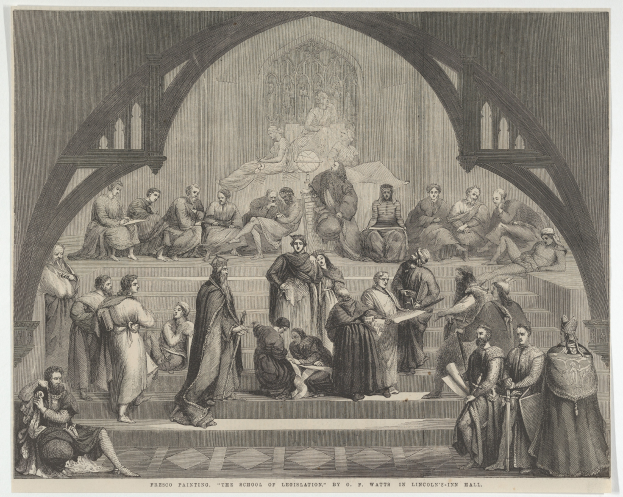 Eine Gruppe von Menschen, die vor einem Gebäude stehen und sitzen, mit Text unten, der "Die Schule der Gesetzgebung von G.W. Watts in Lincolns Hall" lautet.