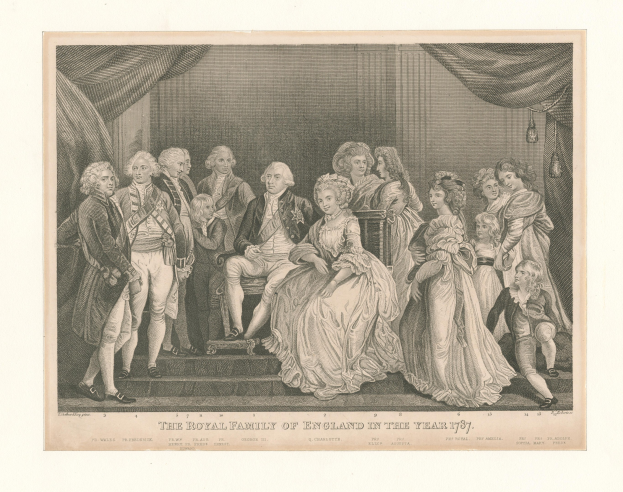Eine Gruppe von Menschen aus der englischen Königsfamilie im Jahr 1787, die auf einer Treppe stehen und sitzen, mit einer Vorhangwand im Hintergrund, begleitet von Text unten.