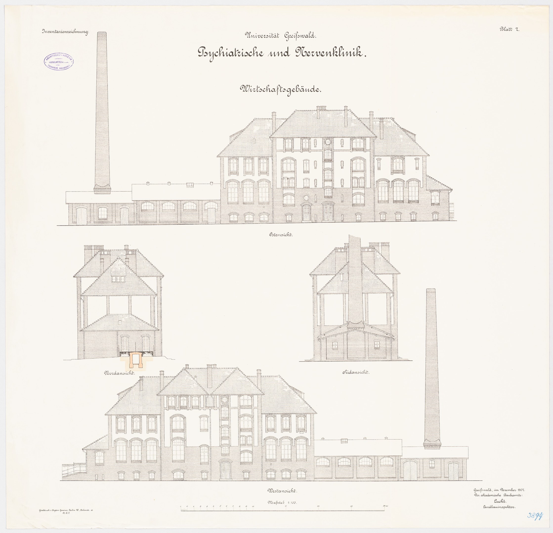 Eine Zeichnung eines mehrstöckigen Gebäudes mit zahlreichen Fenstern und einem Schornstein, das als psychiatrische Klinik in Deutschland identifiziert wurde, mit handgeschriebener Text auf dem Papier.