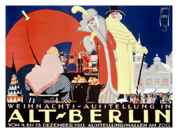 Plakat für eine Zirkusveranstaltung in Berlin, Deutschland, mit einer farbenfrohen Illustration von Menschen, Gebäuden und Gegenständen und der Aufschrift 'Weihnachtsausstellung in Alt-Berlin' oben drauf.