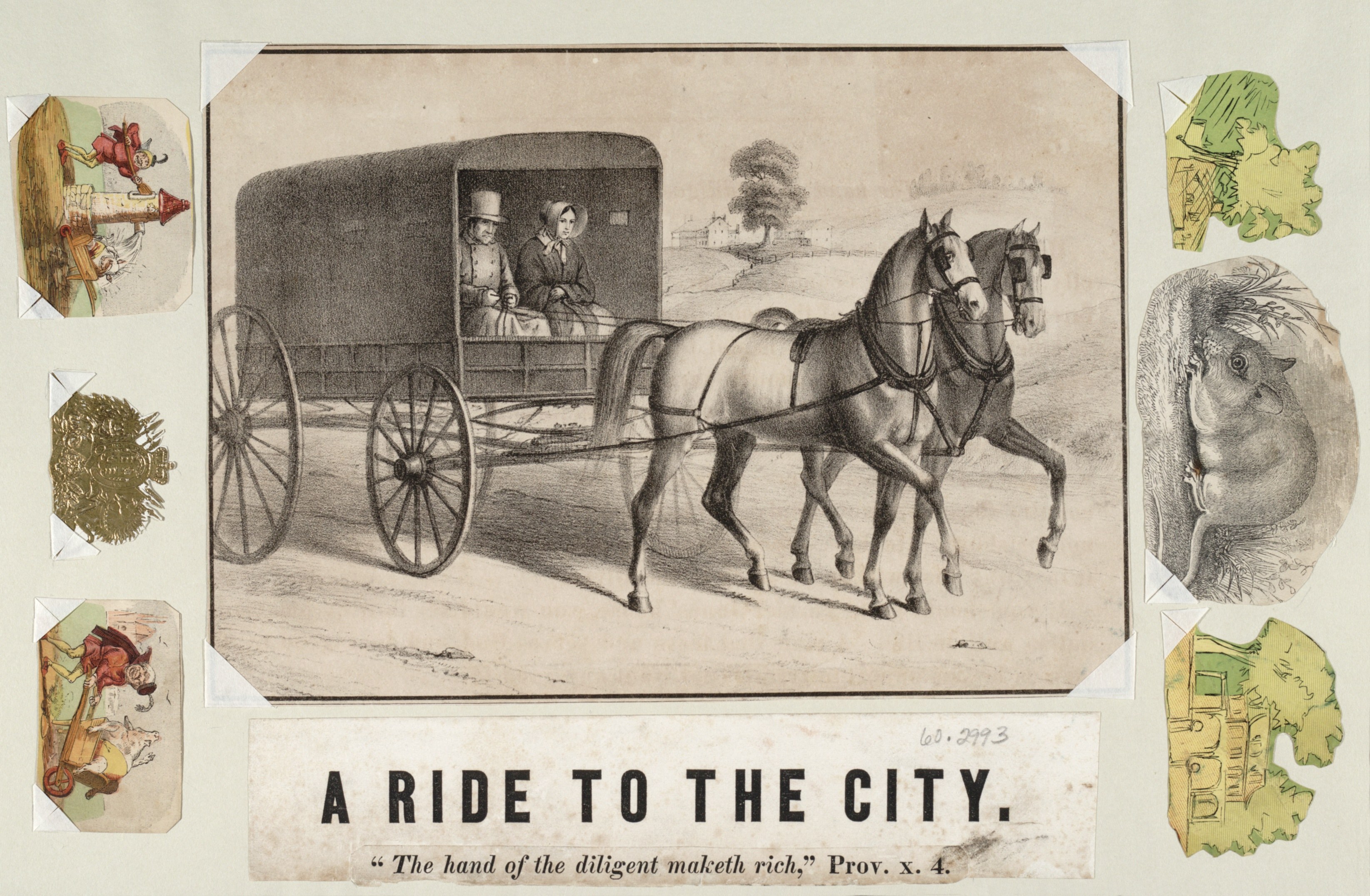 Pferdewagen mit zwei Passagieren, umgeben von Bäumen, mit dem Text "eine Fahrt in die Stadt" unten.