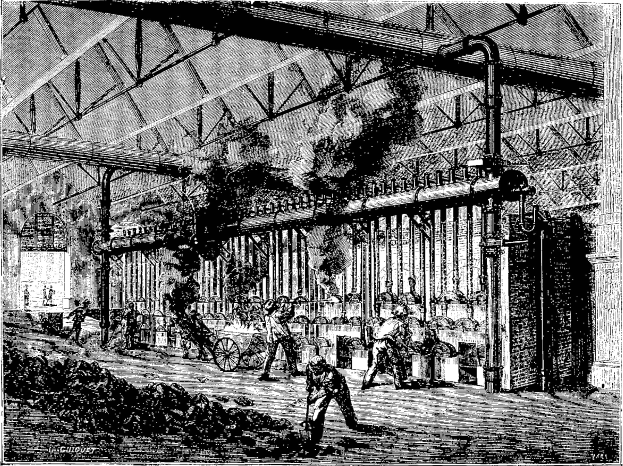 Schwarz-weiß-Illustration eines geschäftigen Stahlwerks aus den 1910er Jahren mit Arbeitern, Maschinen und konstruktiven Elementen.