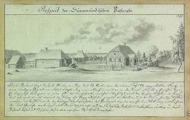 Ein altes Papier mit einer Zeichnung einer Farm umgeben von Häusern, Bäumen und Himmel, mit dem Text "1897 Deutsche Landschaft mit Farmgebäuden" darauf.