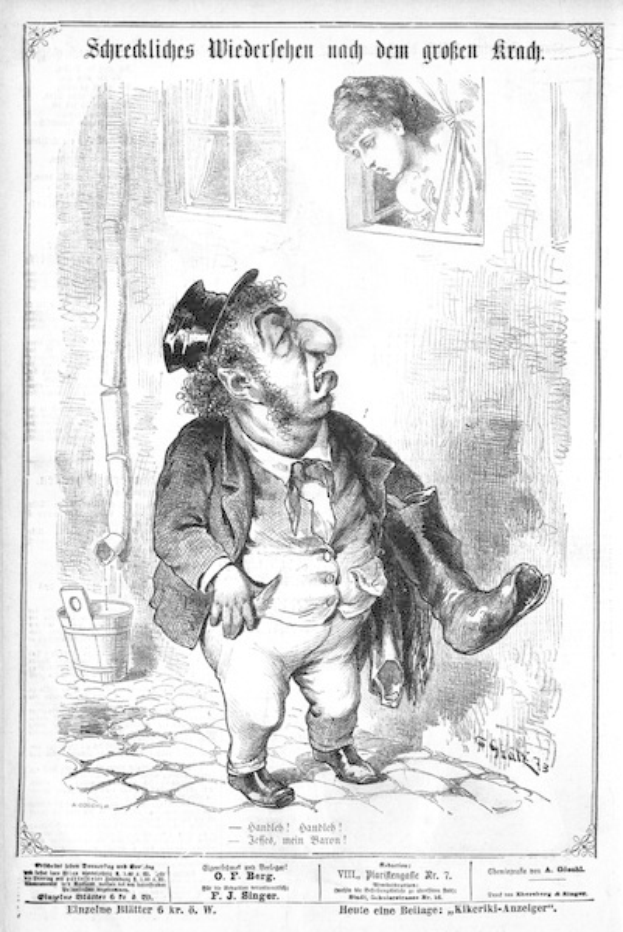 Cartoon eines Mannes mit Zylinder und einer Frau in einem Kleid, die neben einer Wand, einem Fenster und einem Eimer stehen, mit Text unten: "F. J. Singer, der erste deutsche Politiker, der in den Kongress gewählt wurde."