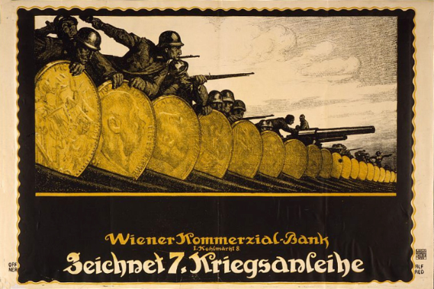 Eine Gruppe von Helmi tragenden Individuen mit Waffen, mit 'Wiener Kommerzial Bank' Text unten, auf einem deutschen Weltkriegspropagandaplakat der deutschen Armee.